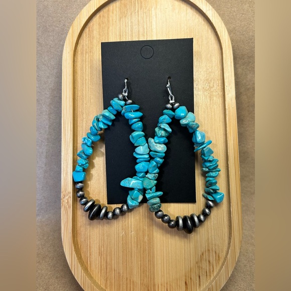 #446 | Turquoise & Navajo Pearl Teardrop Dangle Earrings - Picture 2 of 3